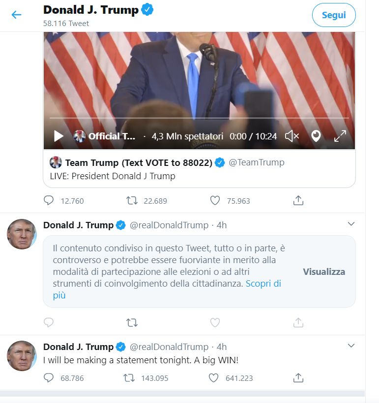 Twitter e Facebook bollano come fuorvianti i messaggi di Trump